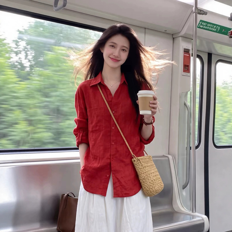 Elegant red linen V-neck button-up shirt for women, vintage style, loose fit, slimming, versatile casual top