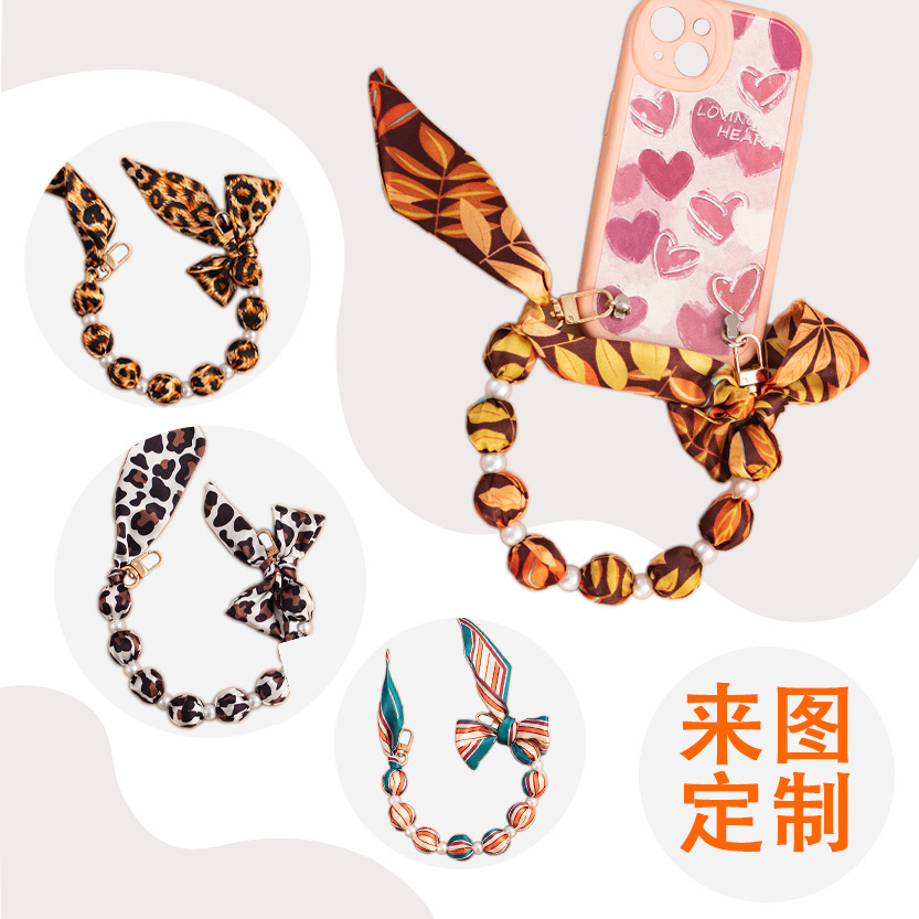 European and American Cross-Border Bow Silk Scarf Mobile Phone Lanyard Light Luxury Wrist Beaded Pearl Double Buckle Sling Mobile Phone Chain Pendant