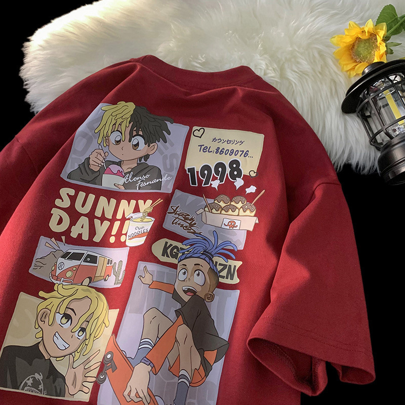 Cartoon Heavy Short-sleeved T-shirt Men's Summer Trendy Brand Trendy T-shirt Large Size Men's Clothes Loose Half-sleeve for Boys