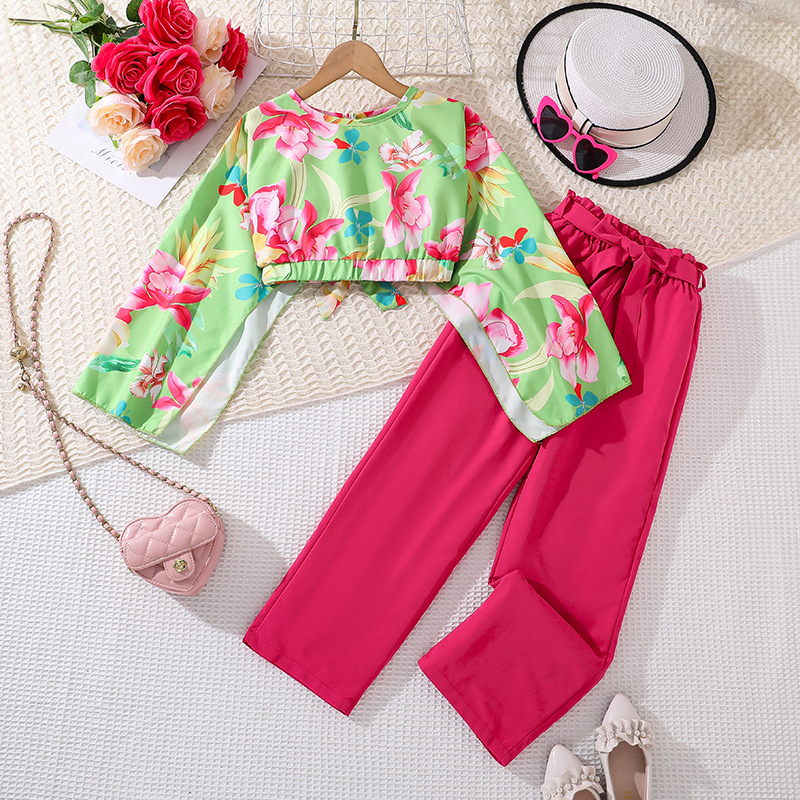 7-12 Autumn Children's Clothing New Short Style Printed Sleeve Top Long Pants Girls' Set_voghion.com