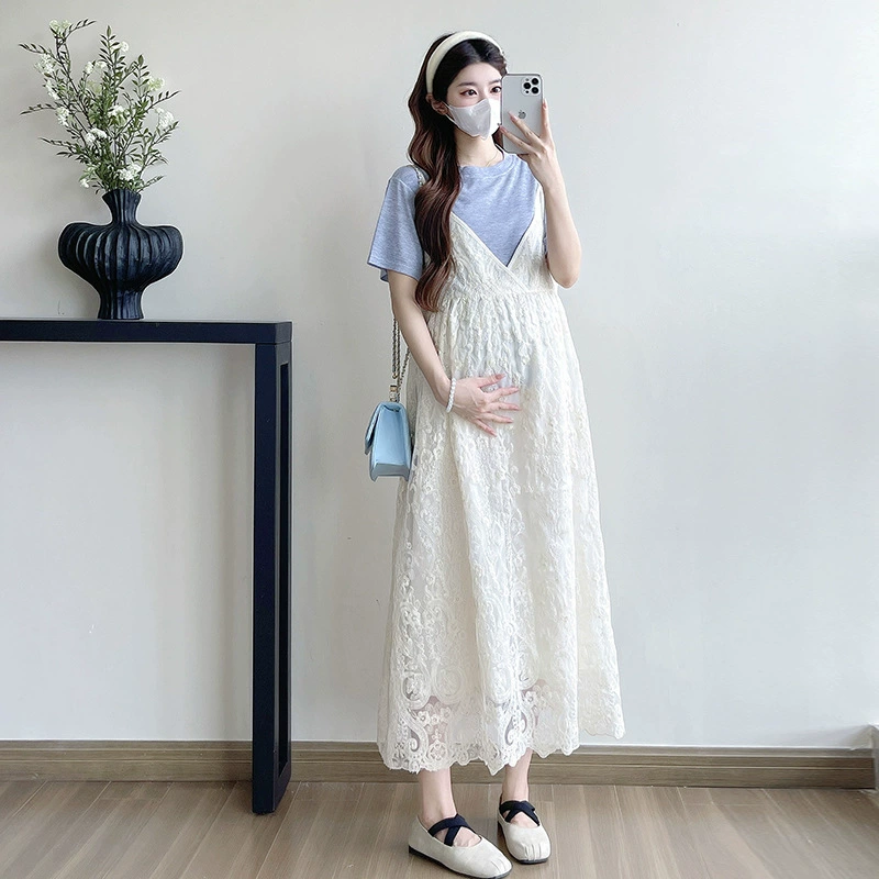 Летнее платье для беременных, короткий рукав футболки, милый комплект, французский стиль, с вышивкой