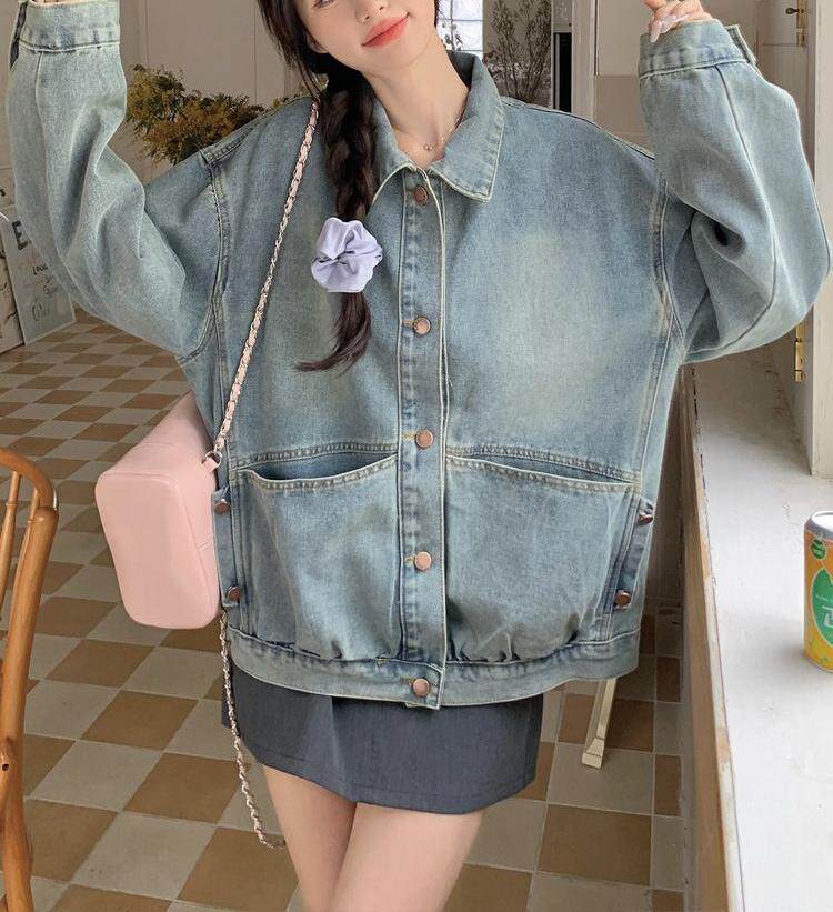 Áo khoác denim nữ dáng rộng phong cách retro, tay dài cổ ve áo — màu xanh denim chi tiết 5