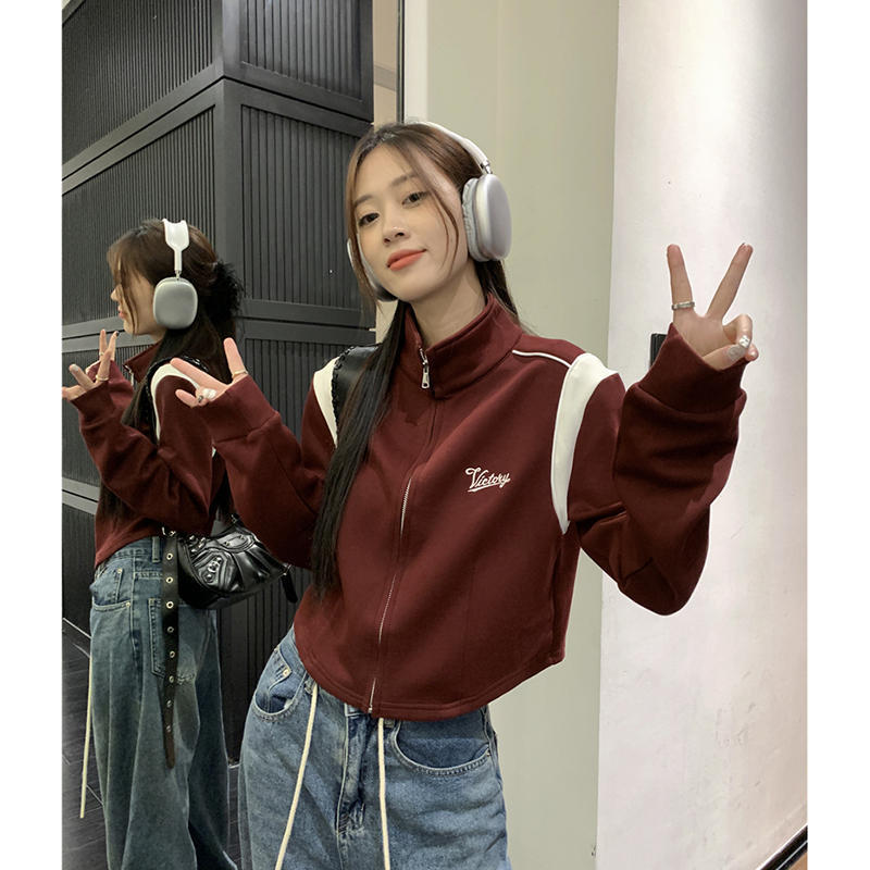 plus size American Contrast Long Sleeve Sweatshirt Coat Spring and Autumn 2025 New Women's Baseball Suit chubby girl Short Top