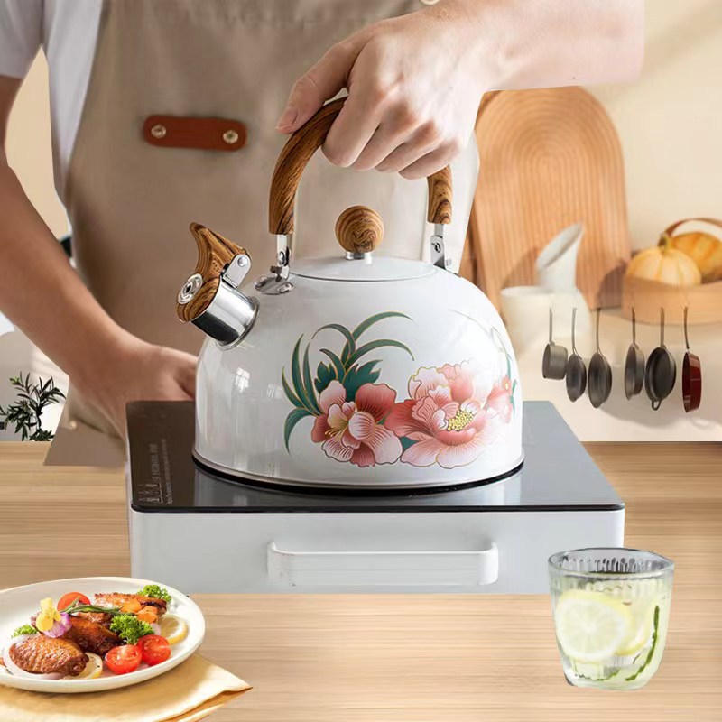 Nuevo modelo de peonía de lujo ligero botella de flauta de cocina blanca arroz blanco 3L hervidor de agua al aire libre