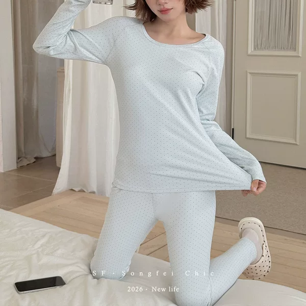 Skin-friendly women's thermal underwear set with cute print, round neck, elastic and close-fitting base layer top and pants, two-piece set