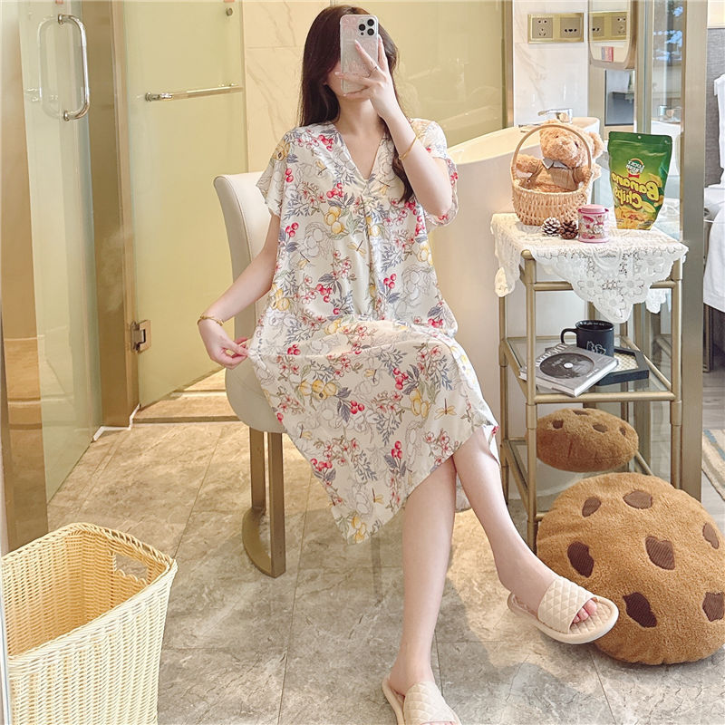 Camisón de seda de algodón para mujer verano nuevo Pijama estampado de dibujos animados de manga corta estilo coreano más tamaño ropa para el hogar suelta de seda de algodón delgada