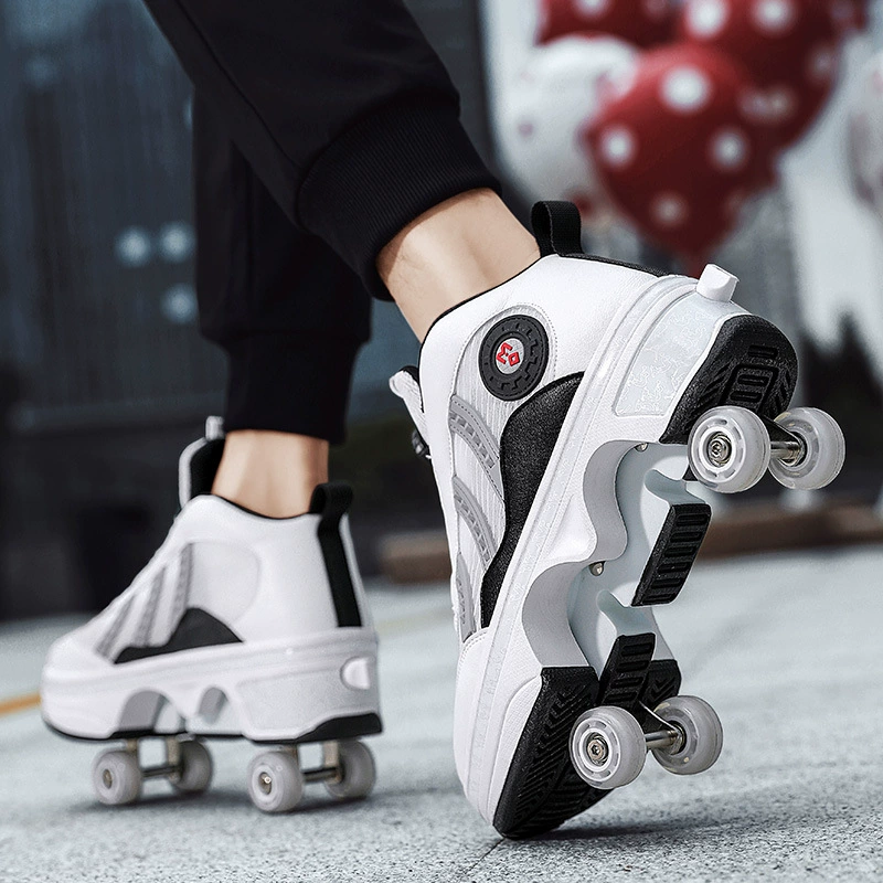 Transformable four‑wheel roller shoes, breathable mesh, unisex, sizes 33–43