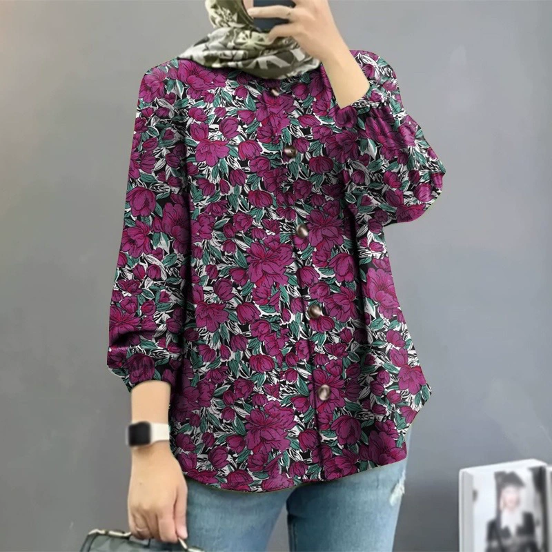 Кросс-бордерная женская мусульманская рубашка с цветочным принтом Amazon Ближний Восток Малайзия 2024, модные пышные рукава, оптовая партия от производителя