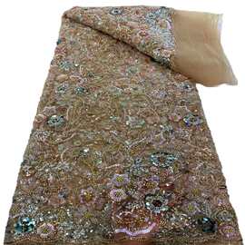 重工立体亮片珠管绣花面料黑色网纱婚纱礼服布料新款加密 Wedding