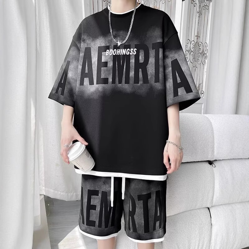 Teenager English Short-sleeved T-shirt with Shorts Fashion Brand Summer plus size Handsome Casual Sports suit Men