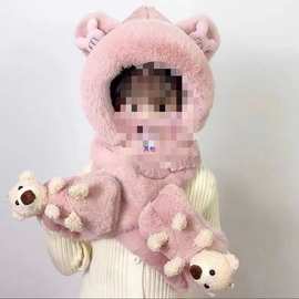 冬季儿童帽子围巾手套一体加绒女童保暖加厚护耳宝宝三件套亲子