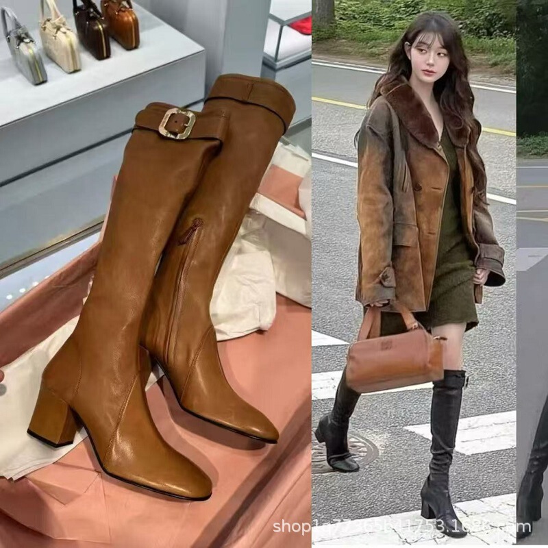 2025 New Model Miu High-End Quality Women's High Boots with Chunky Heel, Thin High Heel, Side Zipper, Over-The-Knee Boots