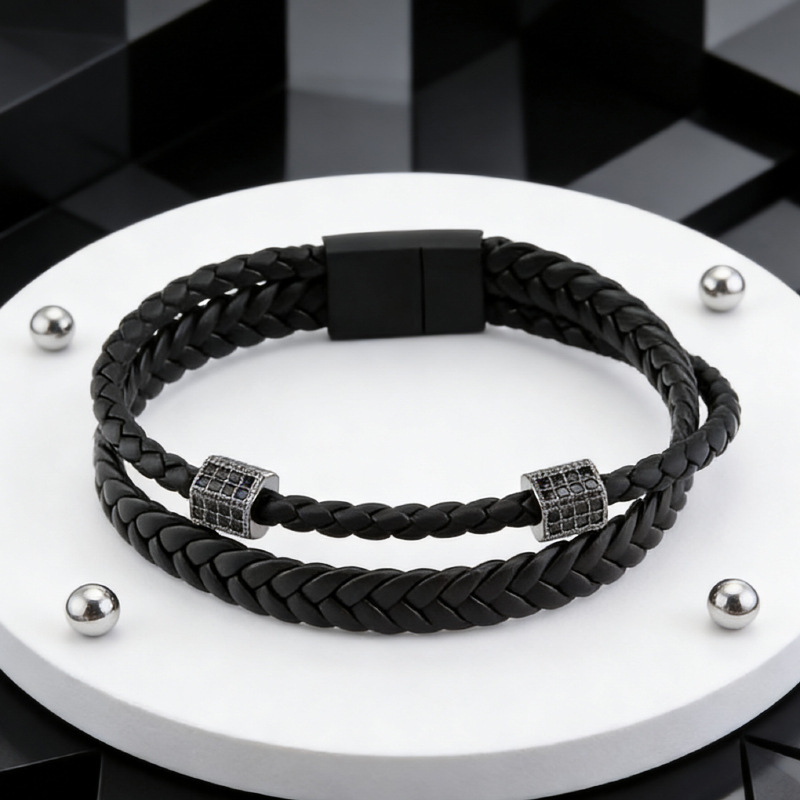 European and American Titanium Steel Cross-Border Woven Leather Bracelet for Men with Magnetic Clasp, Simple Design, High-End Feel, Trendy Personalized Accessory