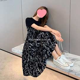 连衣裙夏季女假两件韩版时尚宽松显瘦拼接中长款短袖碎花小黑裙子