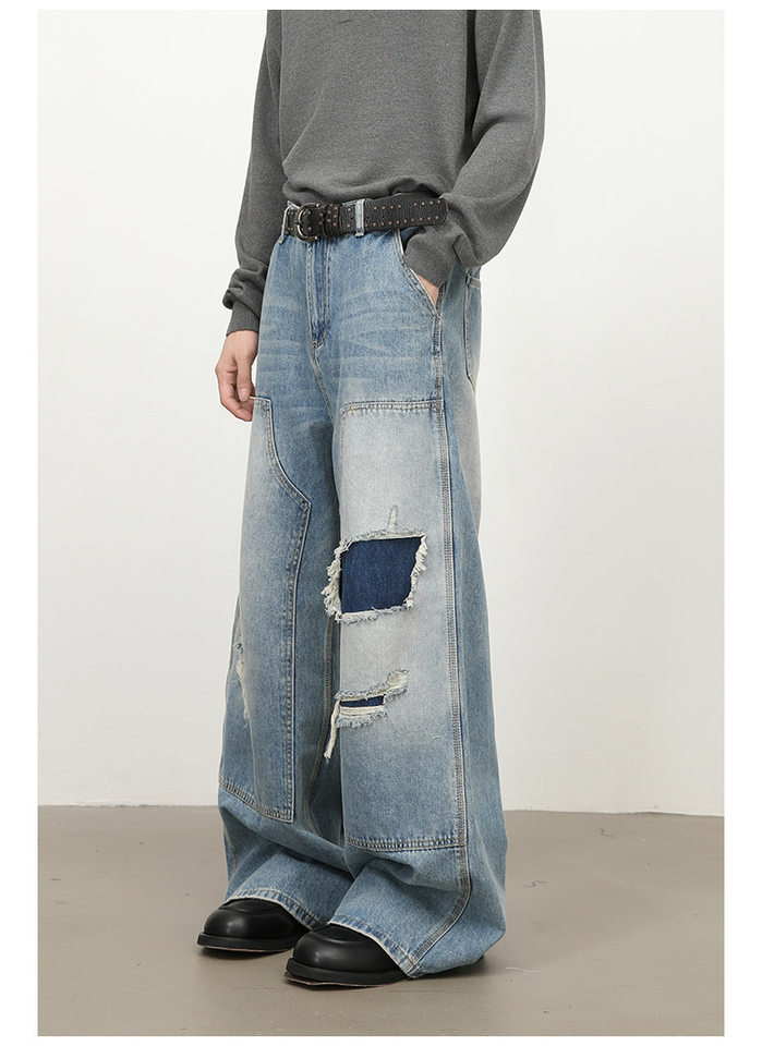 Quần jeans nam dáng rộng ống đứng phong cách Mỹ, wash xước rách phối vải — màu xanh chi tiết 7