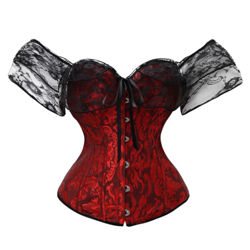 Vintage Off-The-Shoulder Court-Style Corset Jacquard Bustier Shapewear Top with Lace Trim and Small Flutter Sleeves Vintage Off-The-Shoulder Court-Style Corset Jacquard Bustier Shapewear Top with Lace Trim and Small Flutter Sleeves