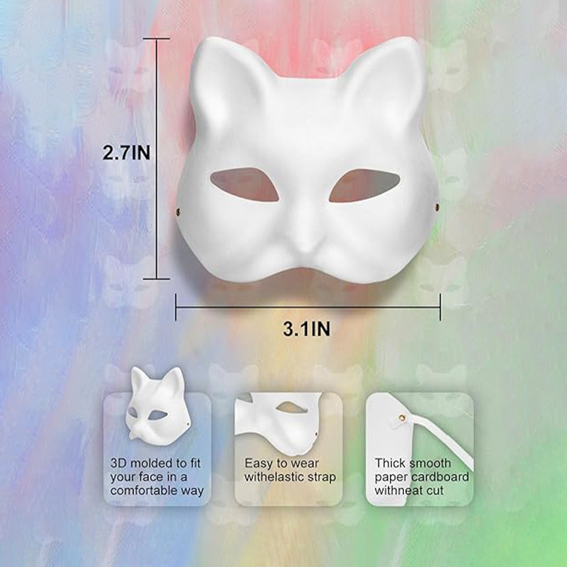 Máscara de cara de gato de Amazon para niños DIY pintada a mano blanca máscara de cara de gato de pulpa ecológica máscara de pintura de Halloween