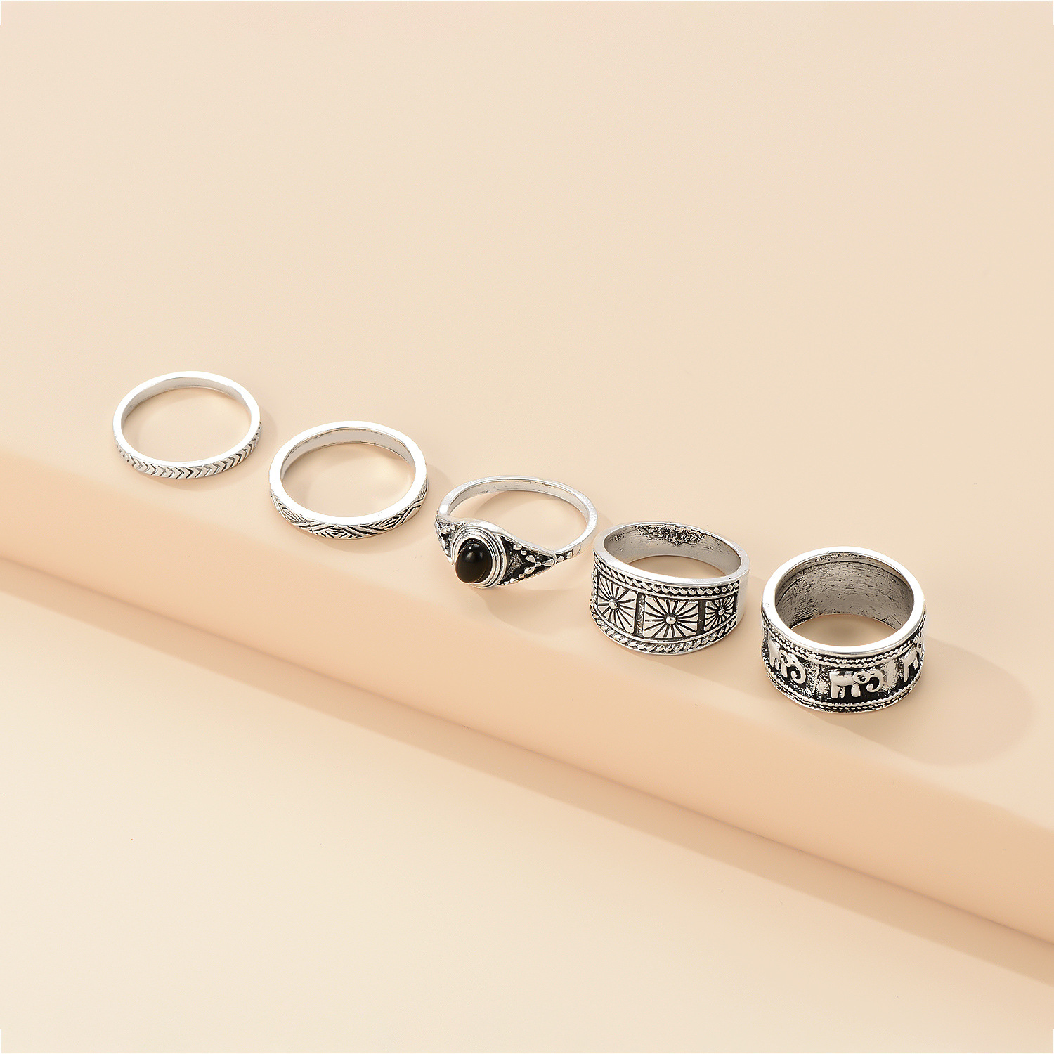 Retro Antique Silver Joint Ring 5-piece Set display picture 3