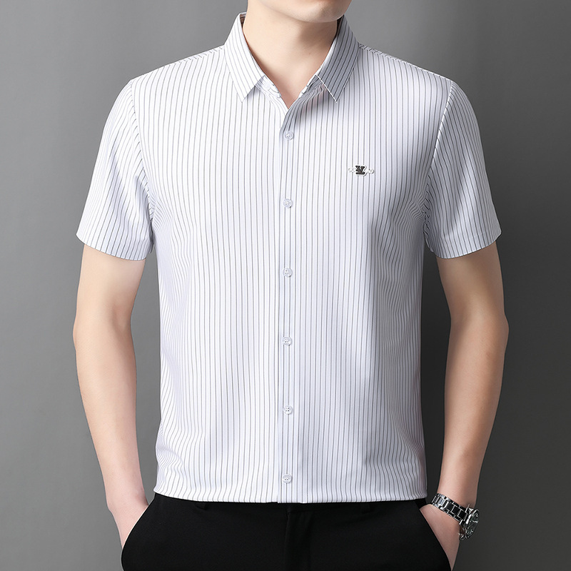 2025 Live Streaming Summer Striped Full Traceless Short-sleeved Shirt Men's New Business Non-ironing High-elastic Shirt Workwear Half-sleeved