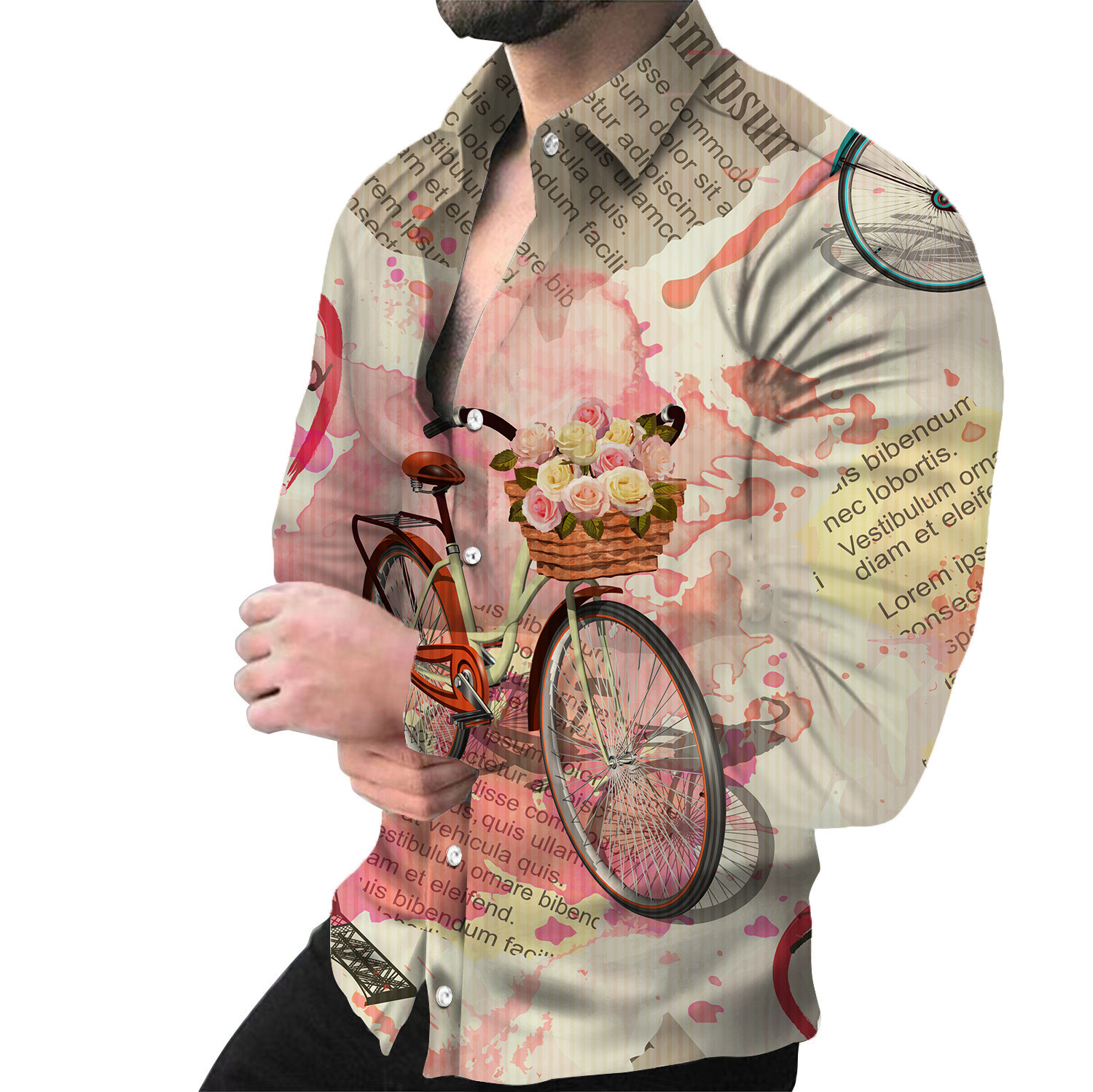 Camicia a maniche lunghe con colletto Stampa digitale 3D abbigliamento casual da uomo_voghion.com