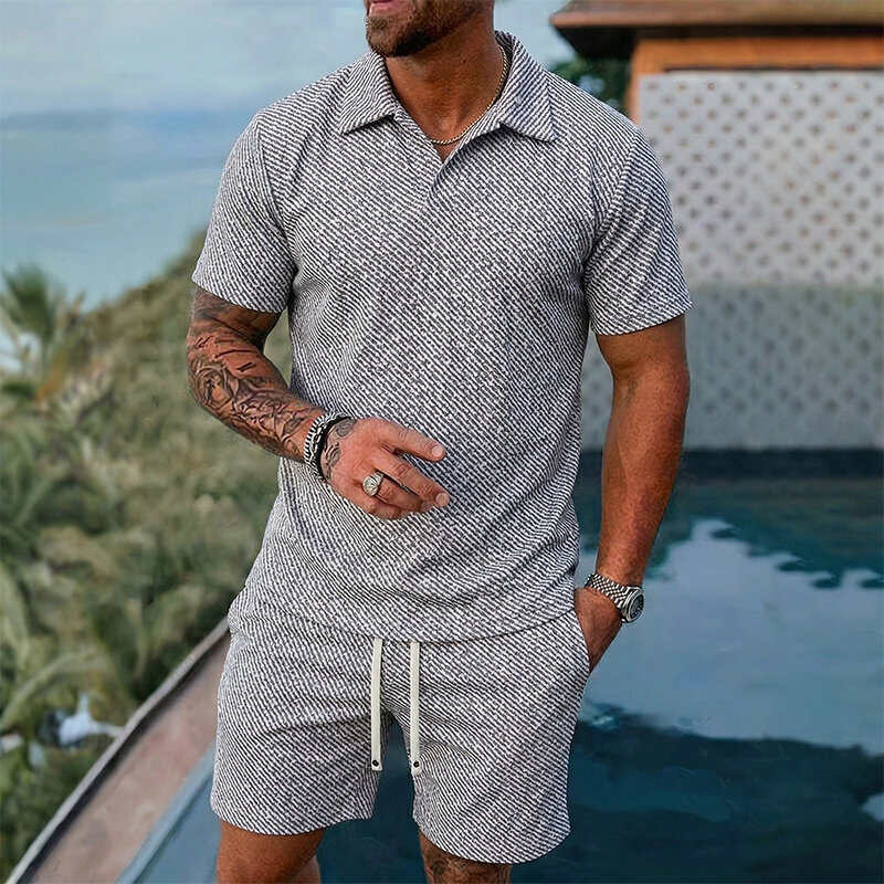 New European Size Short-Sleeve Suit Set for Men, Silver Jacquard Shirt Set, Men's Casual Pants and Shorts Set, Blue