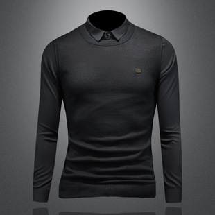 2024 Autumn and Winter New Fake Two-piece Sweater Men's All-match Fashionable Korean Style Slim-fit Casual Base Shirt 3635