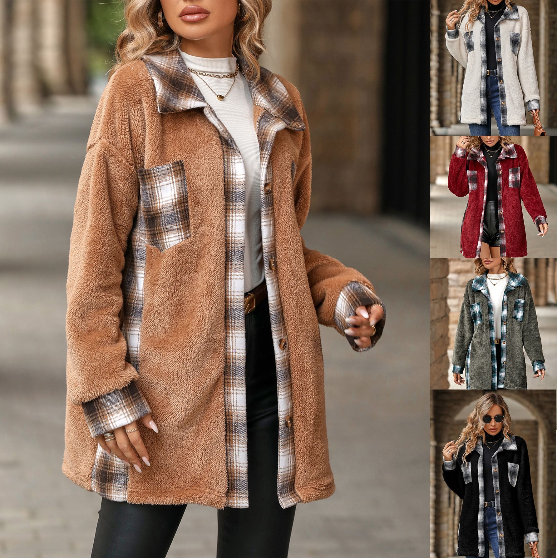 Flash Fleece Cross-border E-commerce, European and American Amazon Women's Autumn/Winter New Style Single-breasted Lapel Mid-length Plaid Fleece Coat