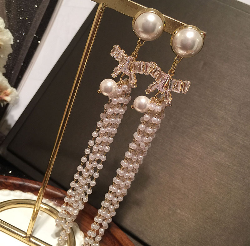 Fashion Pearl Bowknot Long Tassel Earrings display picture 5