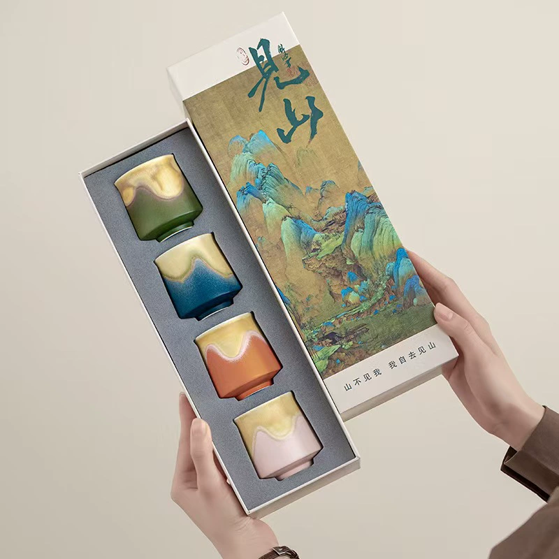 Культурный и творческий Qianli Jiangshan Четыре сезона Чашка для чая Подарочный набор Керамическая чашка для чая Персональная одиночная чашка Сувенир для корпоративных мероприятий