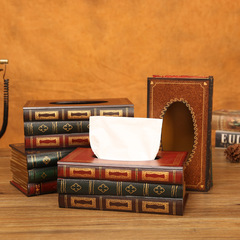 Retro European book tissue box wooden craft paper box simulated hand-painted book-shaped large-capacity napkin box