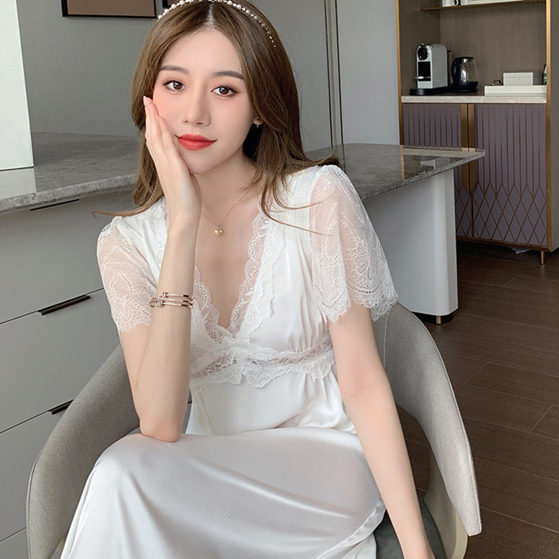 아이스 실크 파자마 여성 여름 새로운 섹시한 아이스 실크 유혹 긴 원피스 봄 가을 플러스 사이즈 슬리밍 잠옷 홈 옷