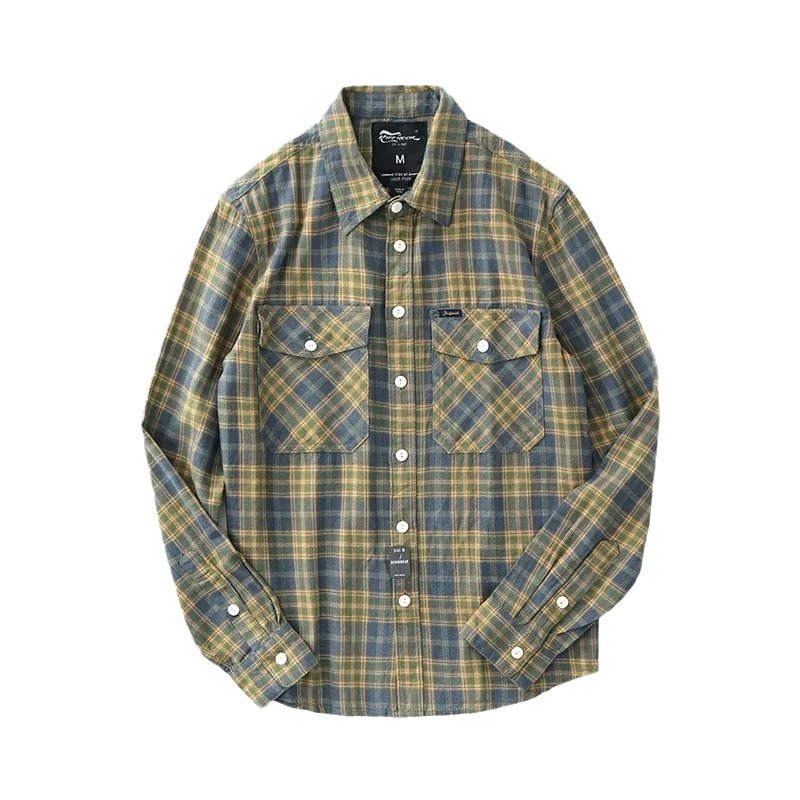 Camisa a cuadros retro americana 2023 otoño camisa a cuadros casual suelta de los hombres de alto grado cepillado cardigan moda