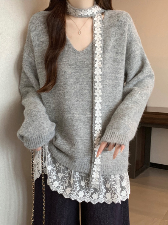 2025秋冬新款飘带蕾丝拼接V领套头毛衣女宽松甜美温柔针织衫上衣|undefined