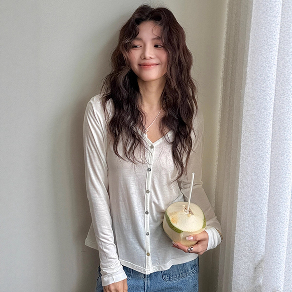 Spring and Autumn Silk Acetate Cardigan Women's 2025 Sheep Wool Stretch Jacket Lightweight Button Long Sleeve Top