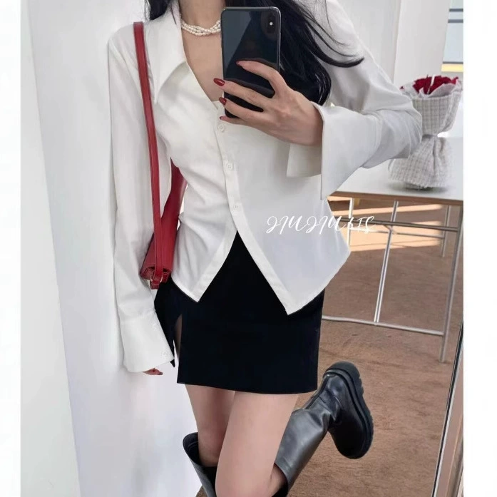 Женская осенняя рубашка Slim-Fit, V-образный вырез, облегающий дизайн, длинный рукав