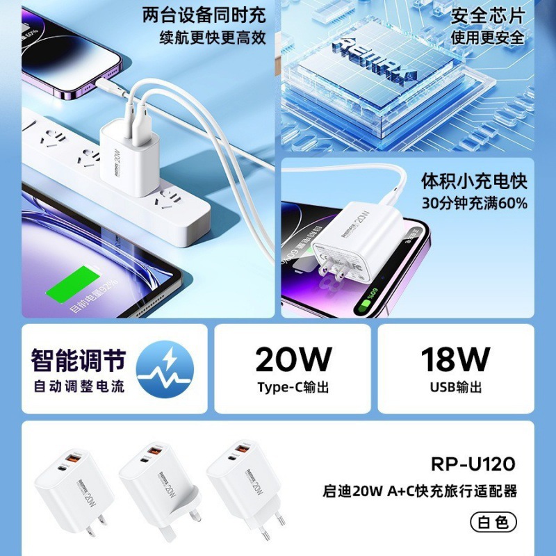 REMAX Enlightens Dual Port Output 20W Fast Charging Mobile Phone Charger Smart Shunt Mobile Phone Charging Head RP-U120