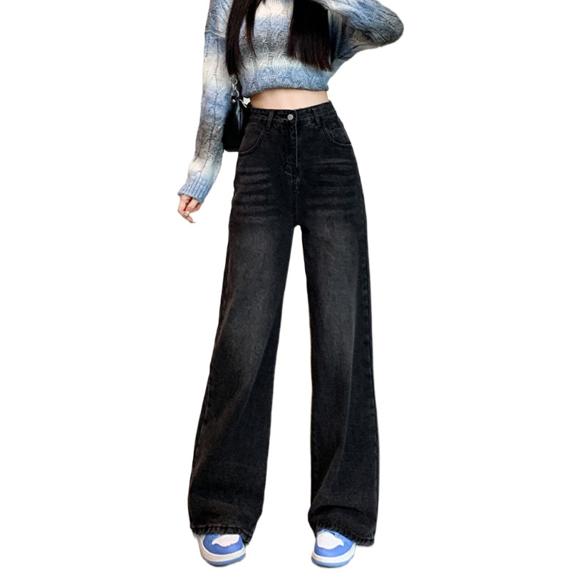 검은 회색 넓은 다리 청바지 여성의 가을과 겨울 새로운 도착 플러스 사이즈 높은 허리 느슨한 슬리밍 좁은 스타일 스트레이트 바지