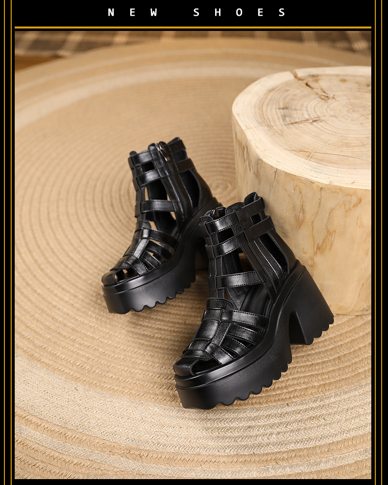 Boot cổ thấp nữ đế tăng chiều cao 10 cm, phong cách martin, thiết kế hở mũi cách điệu — màu đen chi tiết 12