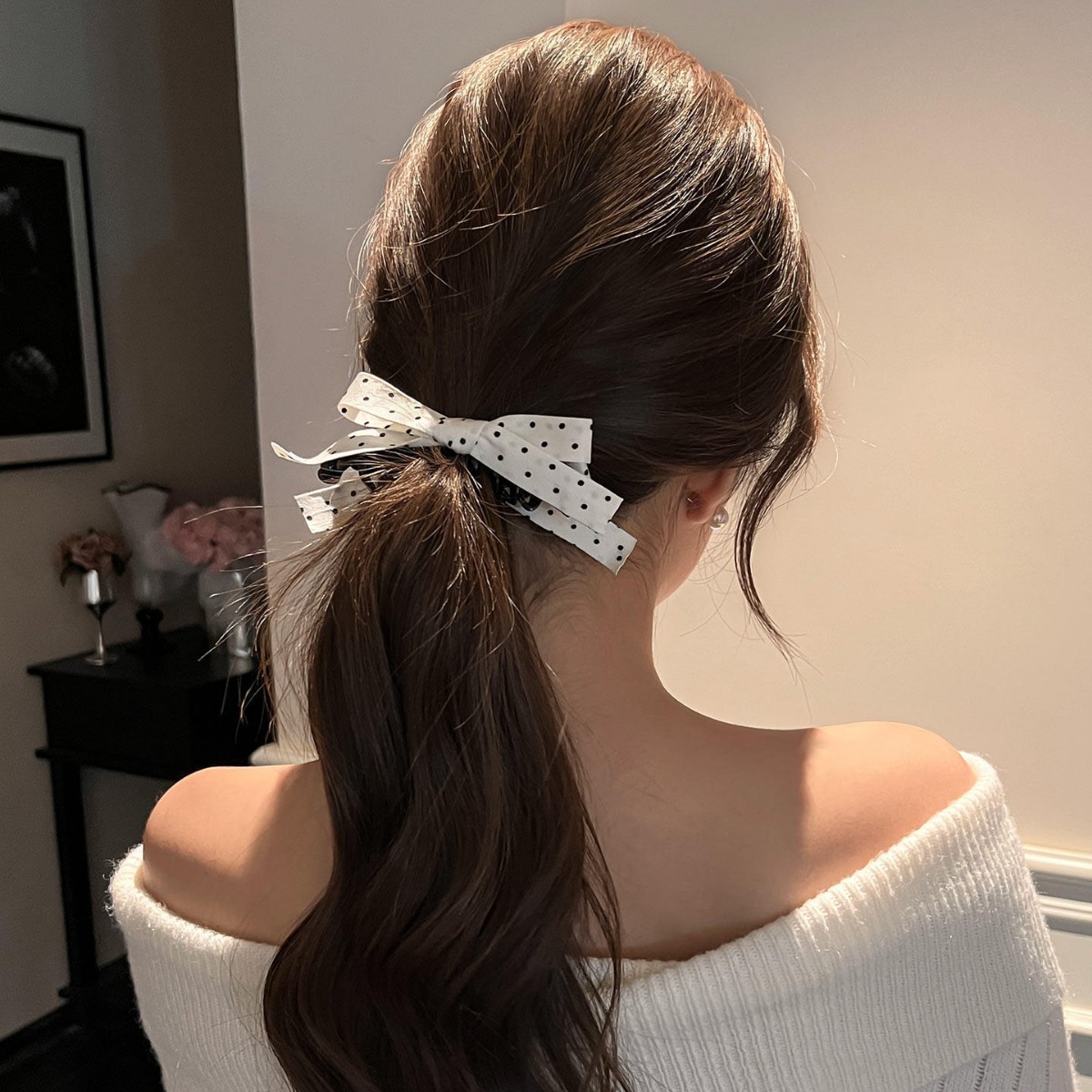 71# creamy white polka dot bow banana clip - 10cm