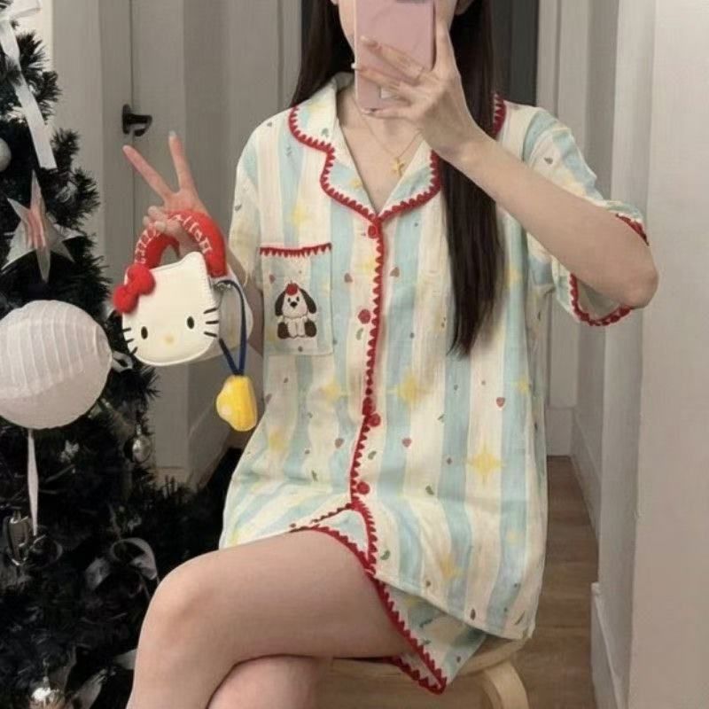 Pijamas de media luna al por mayor transfronterizos de verano de nuevo algodón nubes con solapa de manga corta pantalones cortos casuales set de ropa casera