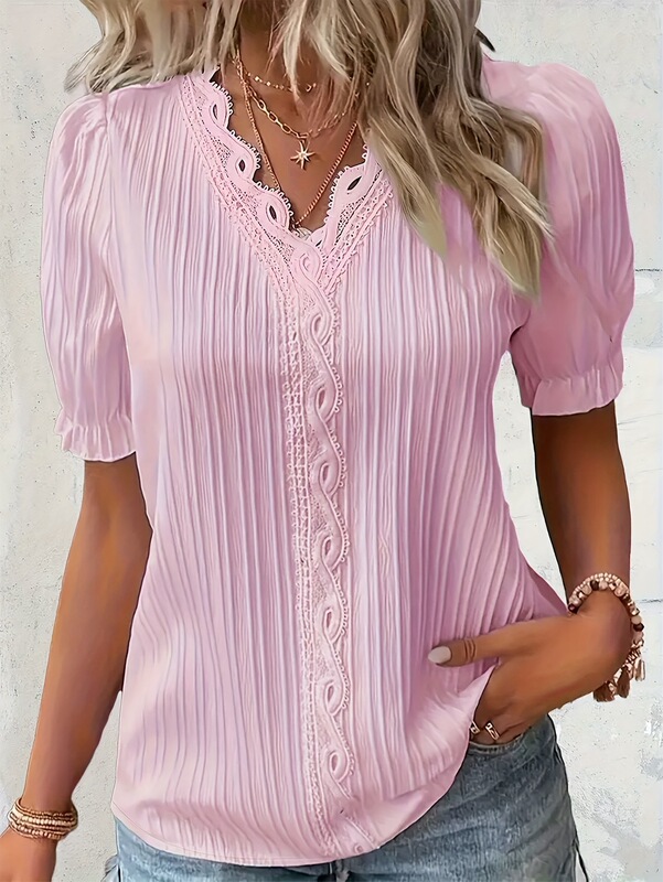 2025 New Cross-Border Dropshipping Elegant Loose V Neck Lace Trim Soft Pink Cross-Border Shirt