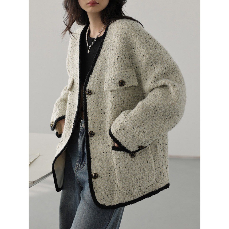 Chanel Style Coat Women's Mid-length 2023 Autumn New Korean Style Loose Slimming V-neck Tweed Top