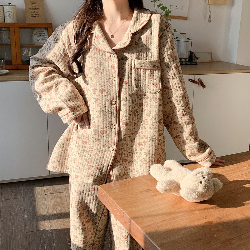 睡衣女春秋季夹层空气棉宽松长袖加厚款家居服2025年新款冬天碎花