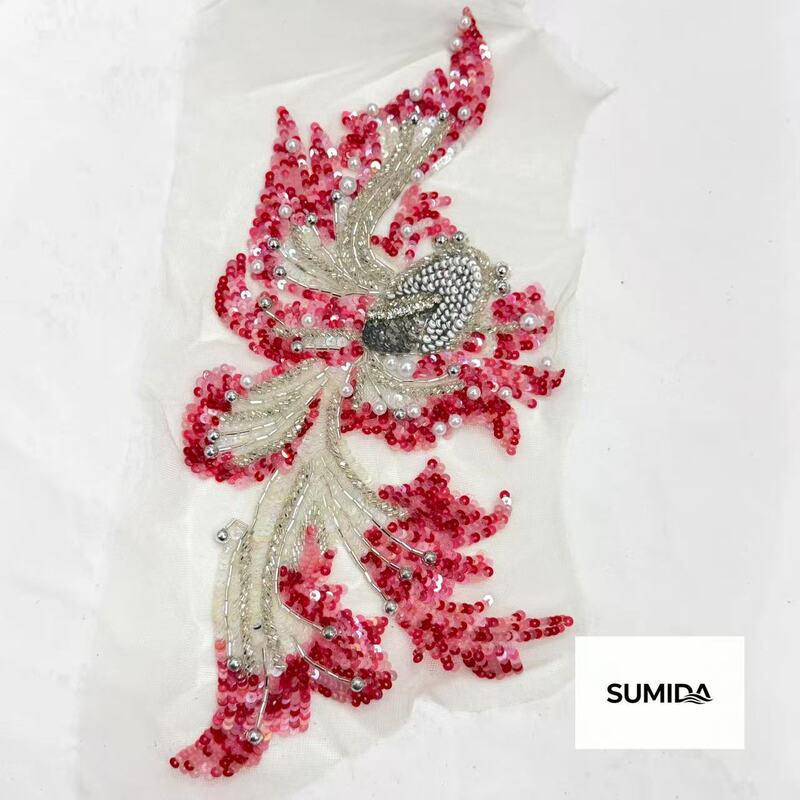 Indian Silk Embroidery Applique with Draped Embellishments for High-End Evening Dresses, Mother's Wear, Embroidered Floral Decorations, Wholesale in Stock