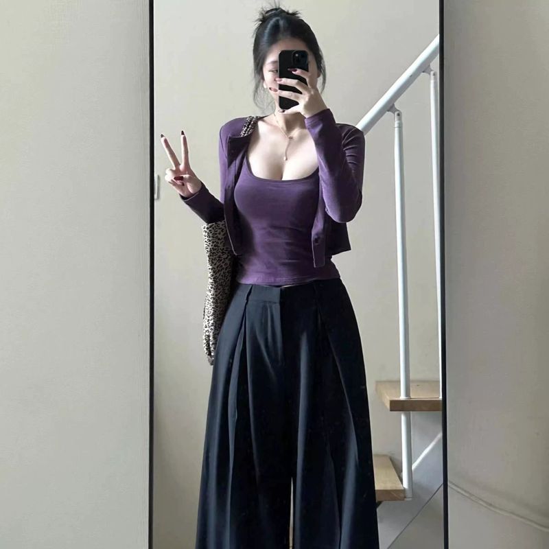欲紫色吊带开衫两件套装女秋季2025新款内搭甜辣妹短款长袖上衣|undefined