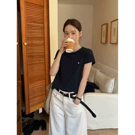 TG 春夏简约圆领小麋鹿刺绣基础正肩T恤女2026新款短袖上衣26464