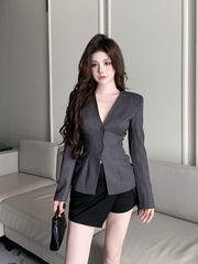 灰色条纹西装短外套女秋季2025新款长袖收腰修身开衫v领西服上衣