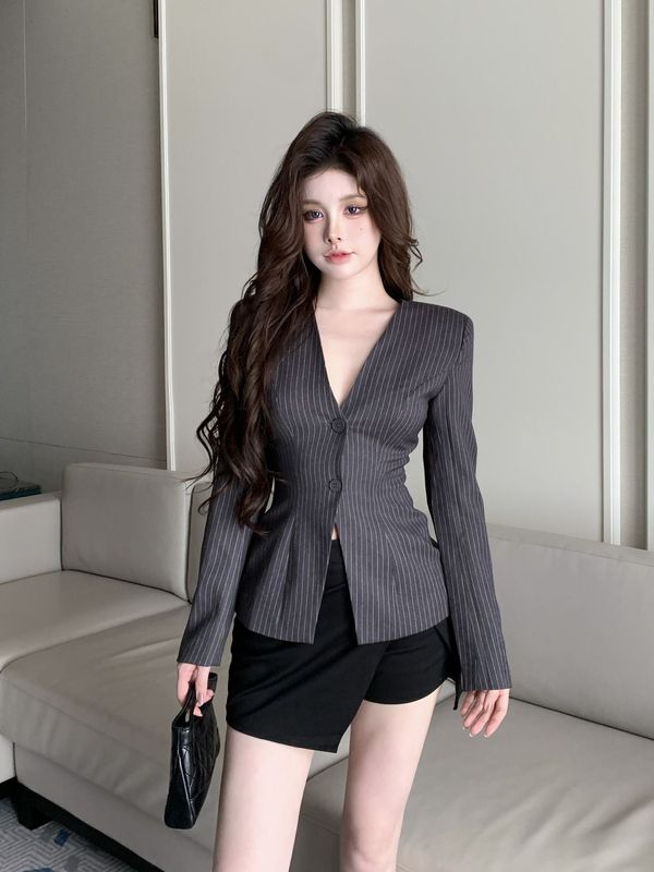 灰色条纹西装短外套女秋季2025新款长袖收腰修身开衫v领西服上衣|undefined