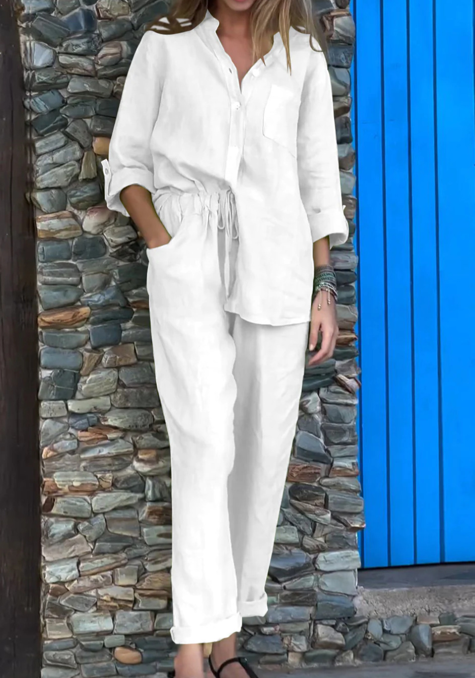 Women's Clothing 2024 Summer New Women's 2 piece Set Large Size Cotton and Linen Shirt Set High Waist Loose Trousers_voghion.com