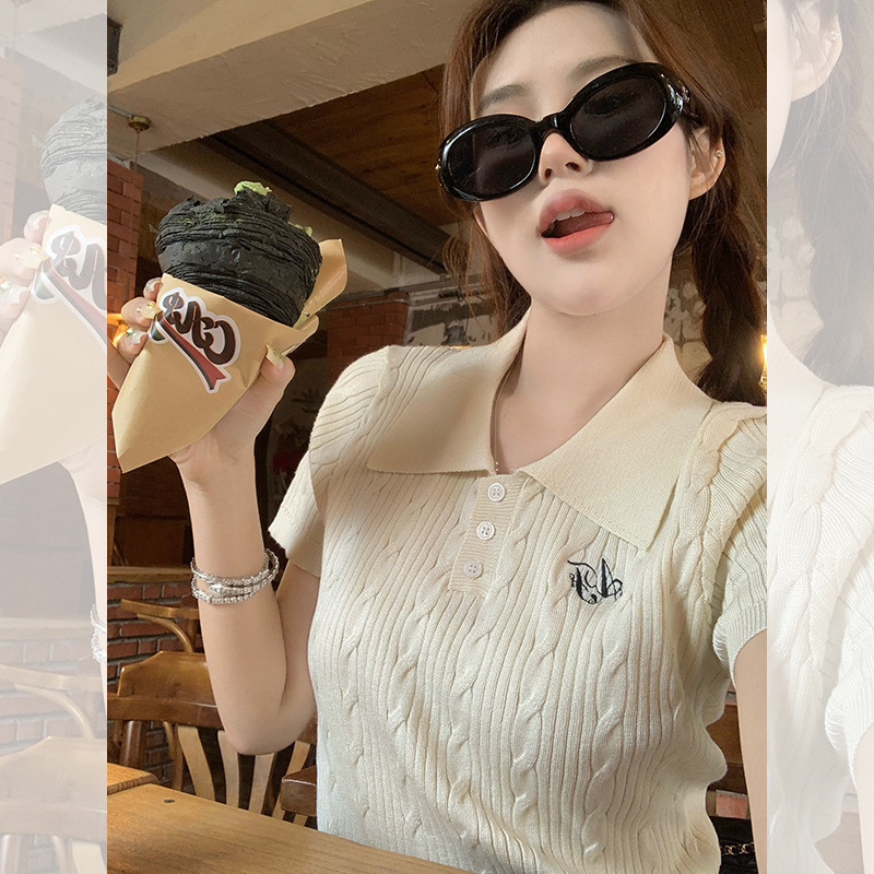 アイスシルクセーターイエローショルダー半袖Tシャツレディース夏新作スリムポロシャツショートトップ夏|undefined